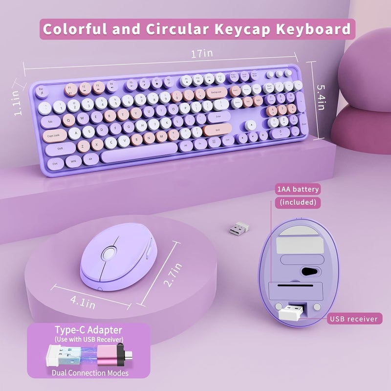 SkyGive Wireless Keyboard and Mouse Combo, Ergonomic Full Size Typewriter Retro Round Keycaps Keyboard, Compatible with Windows, PC, Perfer for Home and Office Keyboards (Purple - Image 5